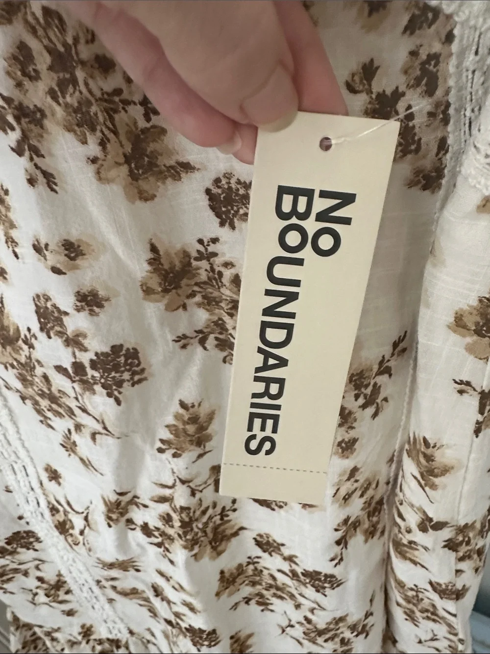 No Boundaries 100% Cotton Cream Floral Mini Dress with Brown Print